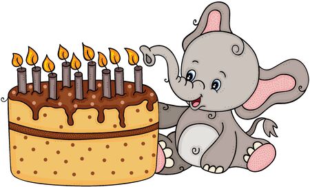 Cute elephant blowing out the candles on a birthday cakeのイラスト素材