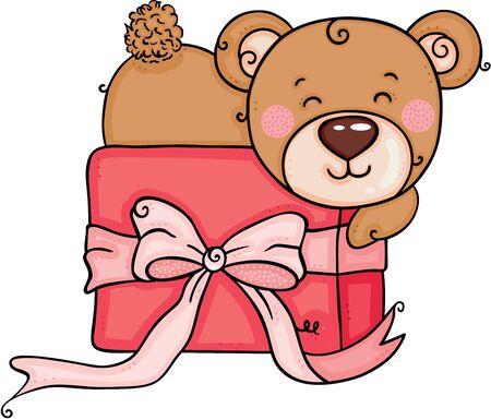 Cute teddy bear lying on gift box with ribbon bowのイラスト素材