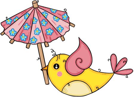 Cute yellow bird flying holding a small umbrellaのイラスト素材