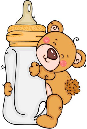 Teddy bear hugging a baby milk bottleのイラスト素材