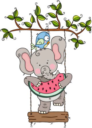 Cute elephant eating watermelon with bird on tree swingのイラスト素材