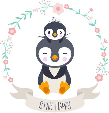 Stay happy flower wreath with mother and baby penguinのイラスト素材