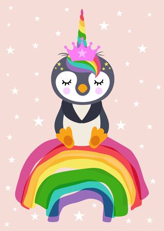 Greeting card with cute unicorn penguin sitting on rainbowのイラスト素材