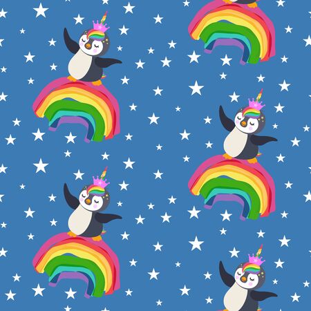 Seamless pattern with unicorn penguin in top of rainbowのイラスト素材