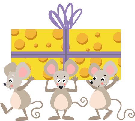 Three cute mice carrying a big gift cheeseのイラスト素材