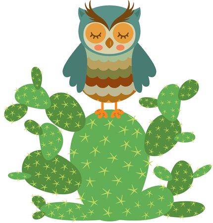 Vintage owl on top of green cactusのイラスト素材