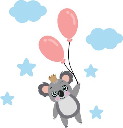 King koala flying with balloons on skyのイラスト素材