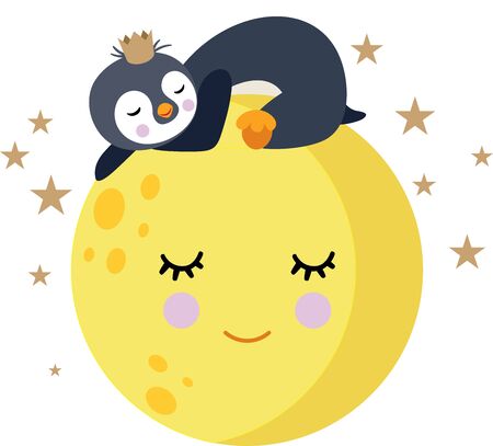 Little penguin sleeping on top of cute moonのイラスト素材
