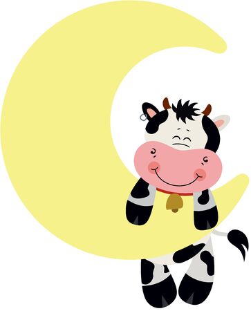 Cute cow hanging on moon in skyのイラスト素材