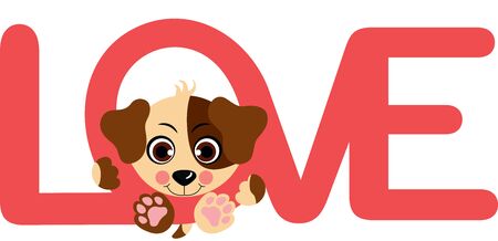 Cute dog peeking on word loveのイラスト素材