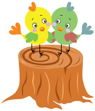 Couple of birdies on tree trunkのイラスト素材