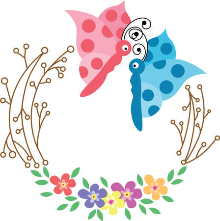 Couple of butterflies with spring round frameのイラスト素材