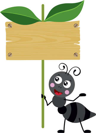 Cute ant holding a wooden signboard with leavesのイラスト素材