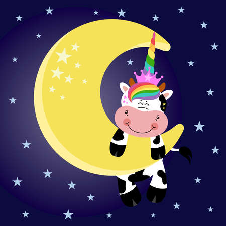 Illustration of unicorn cow hanging on moon in skyのイラスト素材