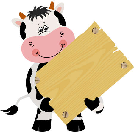 Cute cow holding a wooden signboardのイラスト素材