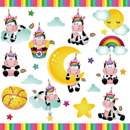 Set digital elements of magical unicorn cowのイラスト素材