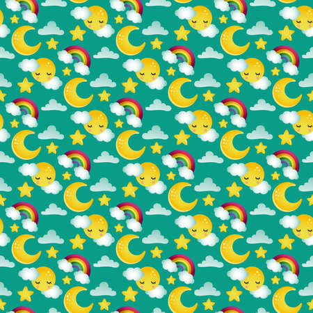 Seamless background of night sky with moons and rainbowsのイラスト素材
