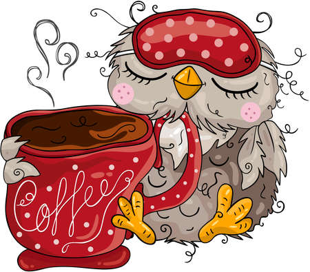 Scalable vectorial representing a cute owl with coffee cup, element for design, illustration isolated on white background.のイラスト素材