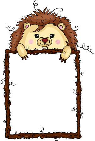 Funny hedgehog with empty wooden frameのイラスト素材