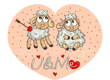 Valentine cute sheeps in heartのイラスト素材