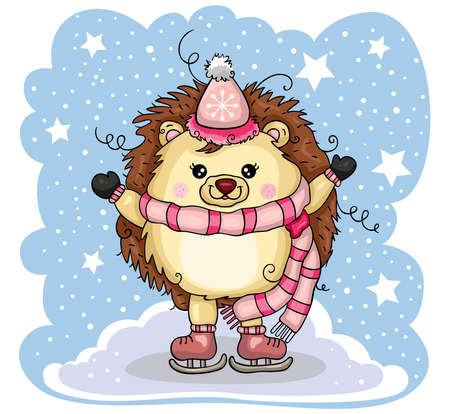 Snow illustration with funny hedgehog skating on iceのイラスト素材