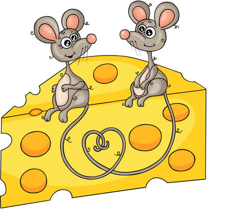 Couple of cute mice sitting on the slice of cheeseのイラスト素材