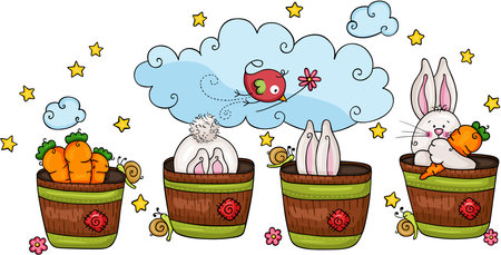 Cute bunny and carrot garden illustrationのイラスト素材
