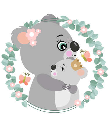 Mum koala hugging her baby on eucalyptus leaves frameのイラスト素材