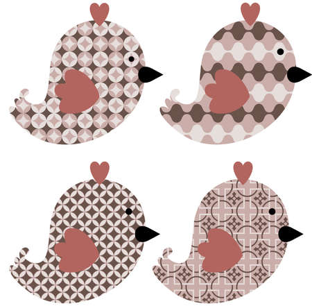 Scalable vectorial representing a four cute birds in geometric style abstract pattern, element for design, illustration isolated on white background.のイラスト素材
