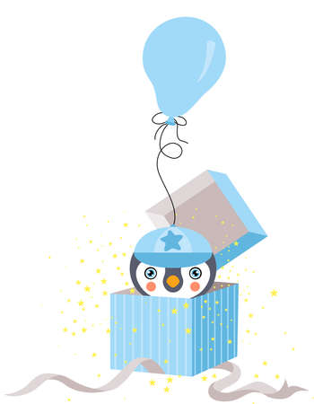 Sweet little penguin boy makes a surprise party with balloon from inside a gift boxのイラスト素材