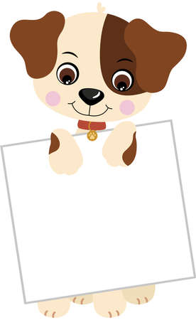Little dog holding a blank sign boardのイラスト素材