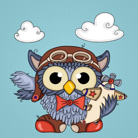 Flat cartoon with funny aviator owlのイラスト素材