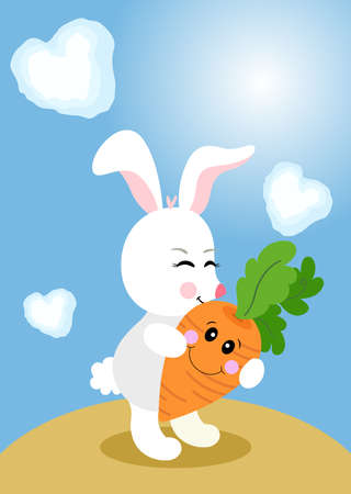 happy little rabbit holding carrot on blue backgroundのイラスト素材