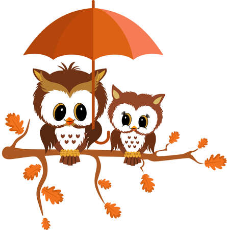 Two owls on autumn branch tree with umbrellaのイラスト素材