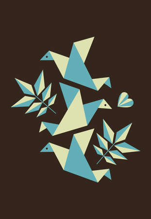Illustration of origami birds and leavesのイラスト素材