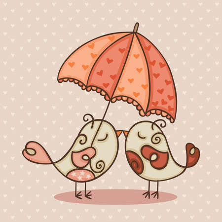 Greeting card with cute couple birds holding a umbrellaのイラスト素材