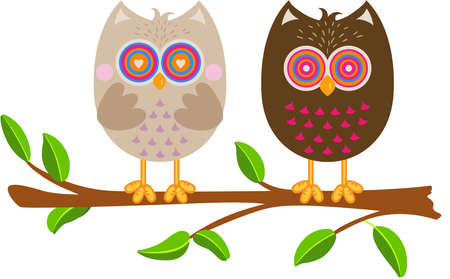 two funny owls on branch treeのイラスト素材