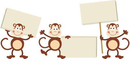 Three cute monkeys with empty sign boardsのイラスト素材