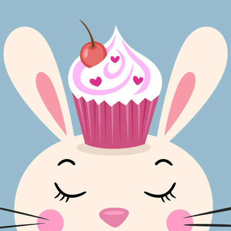 Funny bunny greeting card with valentine cupcake on headのイラスト素材