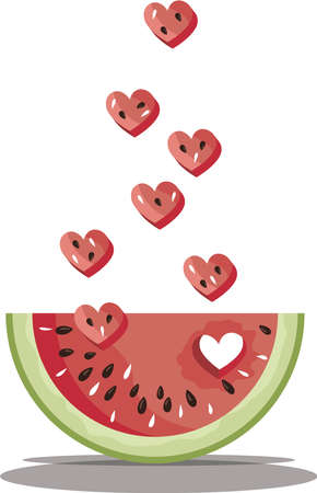 Juicy slice of a watermelon with a rain of cut out heartsのイラスト素材