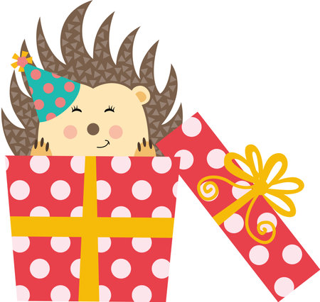 Cute hedgehog looks out of a gift box happy birthdayのイラスト素材