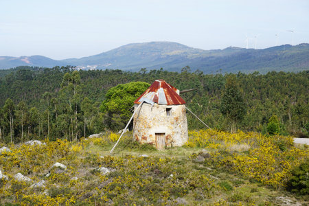 Landscape of historical windmills of Gavinhos in Penacova Portugal with mountains
