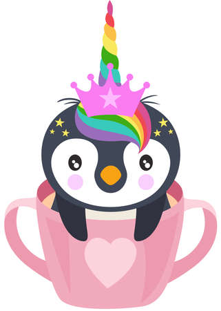 Cute unicorn penguin in pink cupのイラスト素材