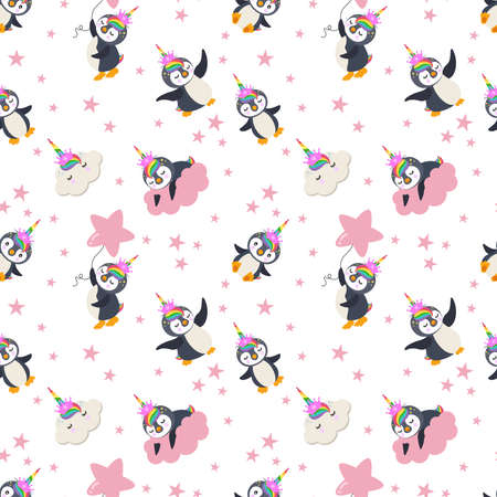 Seamless background of unicorn penguin with starsのイラスト素材
