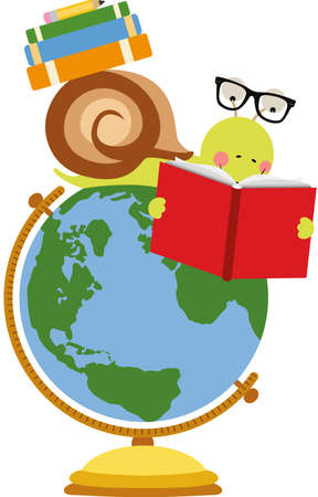 Cute snail reading book on top of globeのイラスト素材