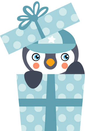 Cute baby boy penguin looks out of a gift boxのイラスト素材