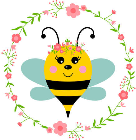 Funny bee in the round frame with spring flowersのイラスト素材