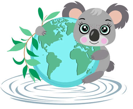 Friendly koala holding a globe with green leaves branchesのイラスト素材