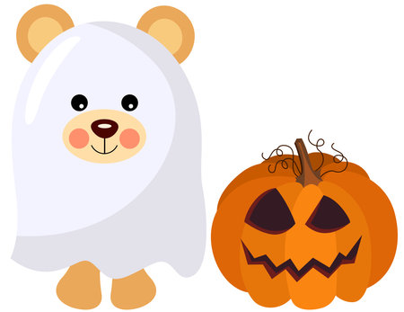 Cute teddy bear ghost with pumpkinのイラスト素材