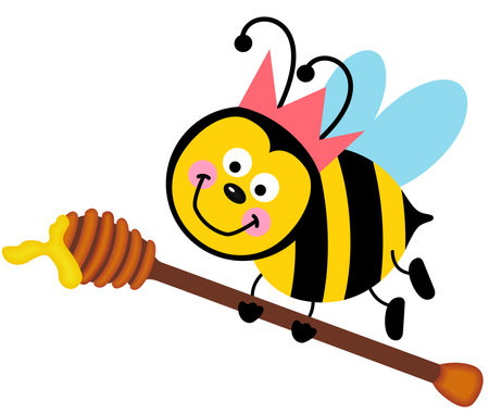 Cute bee holding a wooden honey spoonのイラスト素材
